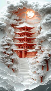 Papercut Paper Cut Kyoto Gion Pagoda Japan Travel Scenic Winter Landscape Destination Phone Mobile Background Wallpaper Art Illustration