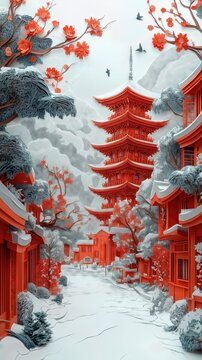 Papercut Paper Cut Kyoto Gion Pagoda Japan Travel Scenic Winter Landscape Destination Phone Mobile Background Wallpaper Art Illustration