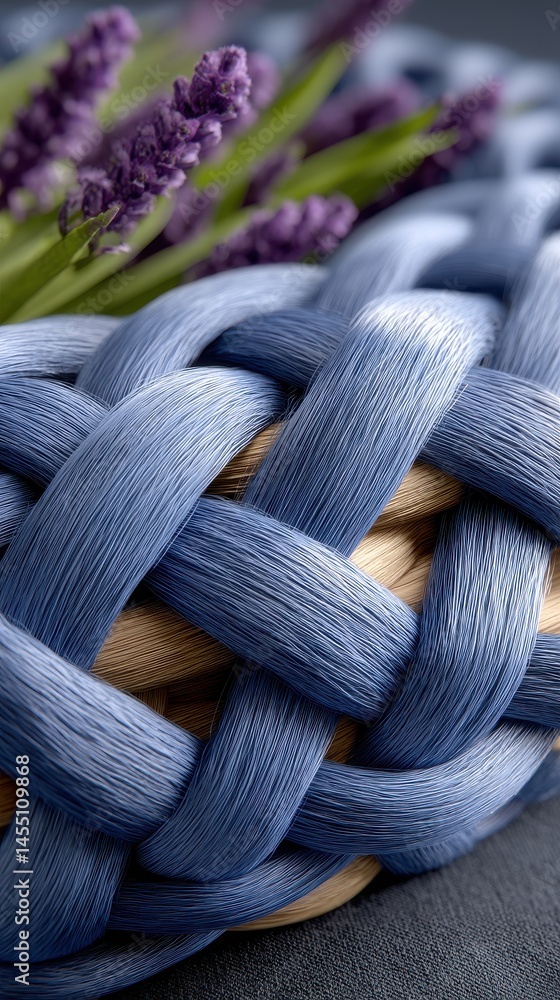 Aufkleber close-up macro showing intricate pattern of woven dyed fibers with soft lavender blossoms and textur
