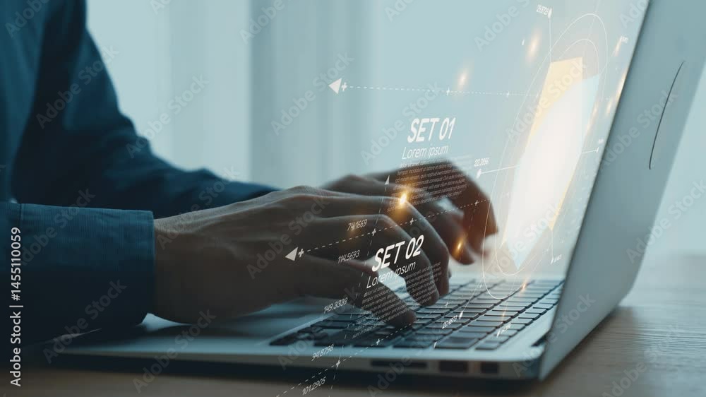 Poster person typing on laptop with digital interface and data visualization showing sets and graphs, moder