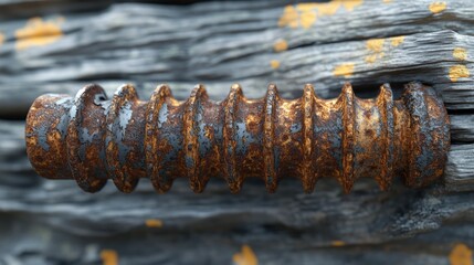 Rusty, spiral-shaped object on weathered wood