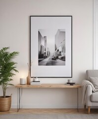 Cozy home interior, poster mockup on clipped white wall  ,  studio,  poster,  hanging