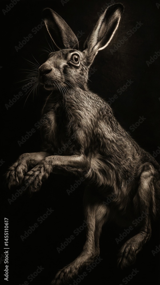 Poster a monochrome image of a rabbit perched on its hind legs with its front paws resting on the same