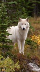 Obraz premium Arctic wolf standing alert near evergreen trees in an autumnal forest looking at camera.