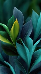 Fototapeta premium Botanical artwork displaying a layered arrangement of colorful stylized leaf shapes with textured surface details in hues of green, teal, and blue.