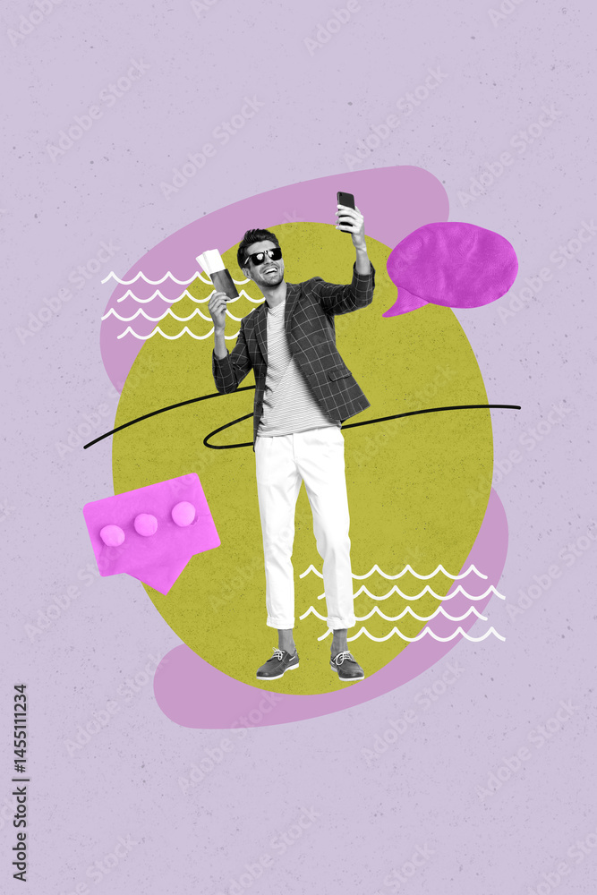 Poster pop image sketch 3d collage poster of happy guy take selfie hold passport communication icon speech 