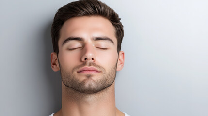 Obraz premium Man with closed eyes appears relaxed against neutral background, showcasing calm expression
