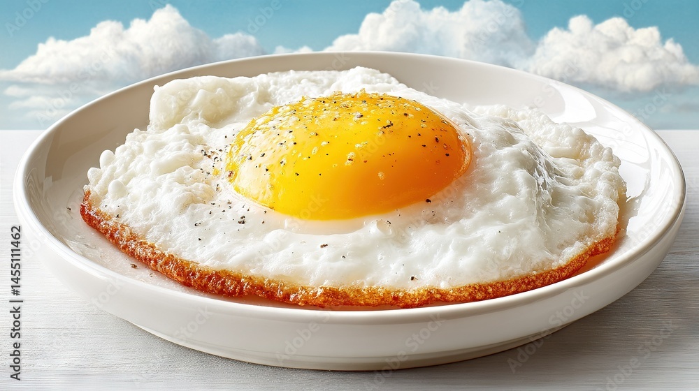 Poster close-up of a fried egg on rice on a table with clouds in the background
