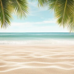 Fototapeta premium Tropical Beach with Palm Leaves Framing a Peaceful Ocean View