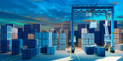 Unloading containers in cargo harbor. Port area with container warehouse. Logistics terminal in evening. Gantry crane while moving containers. Port with metal boxes for cargo delivery.
