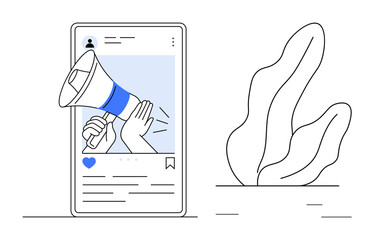 Smartphone screen displaying a social media post with a hand holding a megaphone, symbolizing promotion. Ideal for marketing, advertising, social awareness, branding, digital outreach, communication