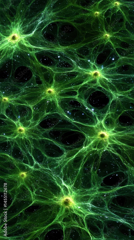 Poster abstract green neural network of interconnected cells and complex systems with nodes and pathways cr