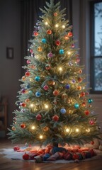Frosted Christmas tree with colorful glass ornaments, soft light glow ,  fairy,  glitter,  festive