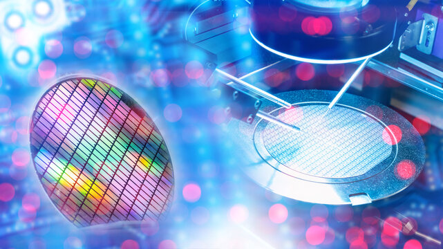 Production of microchips. Manufacturing microelectronics at factory. Machine for creating microchips. Process of developing digital board at factory. Production of microchips for modern electronics