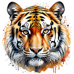 A majestic tiger's portrait, its piercing gaze and intricate stripes rendered in a vibrant watercolor style, captivates with raw power and untamed beauty. isolated on transparent background