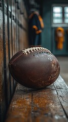 Vintage football rests on a weathered locker room bench
