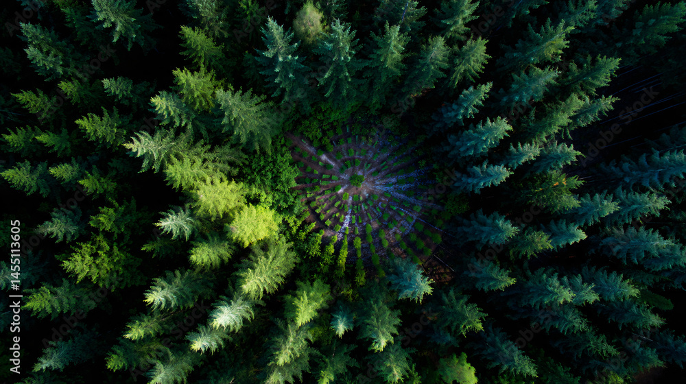 Poster aerial shot of a forest experimental plot with a unique orbitual planting rule