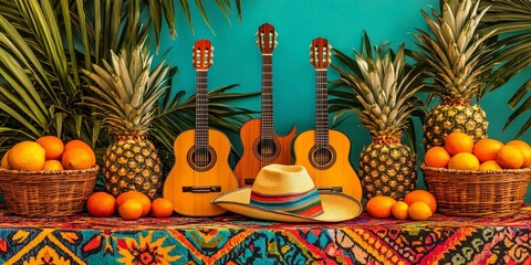 Colorful Mexican Decor with Guitars, Fruits, and Traditional Textiles
