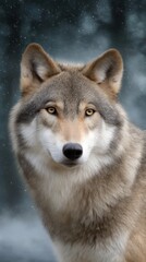 Close-up portrait of a majestic gray wolf in a forest setting with a light snowfall, showcasing its striking eyes and detailed fur.