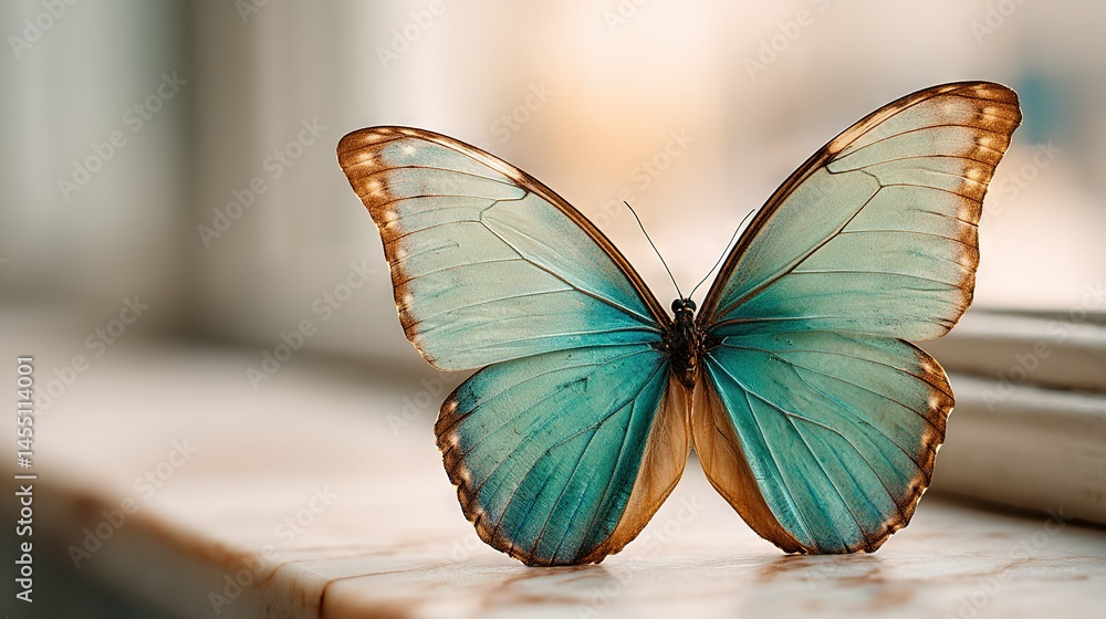 Poster close-up of a butterfly on a window sill with a blurred background