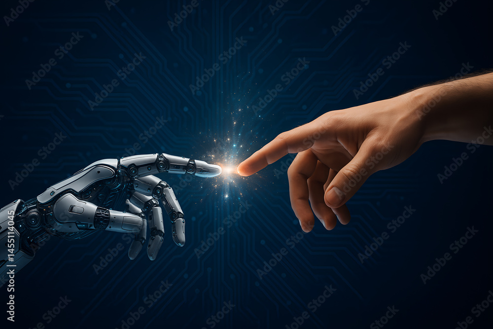 Poster human hand and robotic hand connecting with sparks of innovation. ai, machine learning, hands of rob