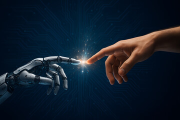 Human Hand and Robotic Hand Connecting with Sparks of Innovation. AI, Machine learning, Hands of robot and human touching on big data network connection background.