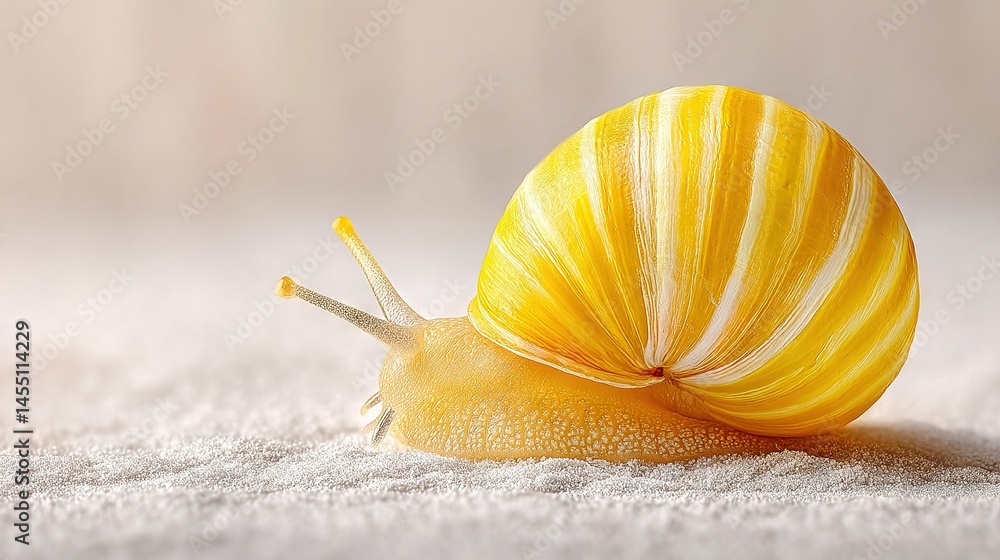Poster a sharp focus on a yellow snail on white surface surrounded by hazy background light