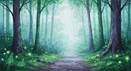 Obraz premium Lush forest pathway leading into bright mystical woods 