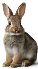 Fototapeta premium Close-up portrait of an alert brown rabbit with long ears, a fluffy body, and paws posed against a clean white backdrop.