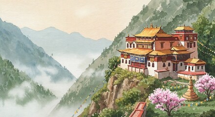 Serene mountain monastery landscape with cherry blossoms  
