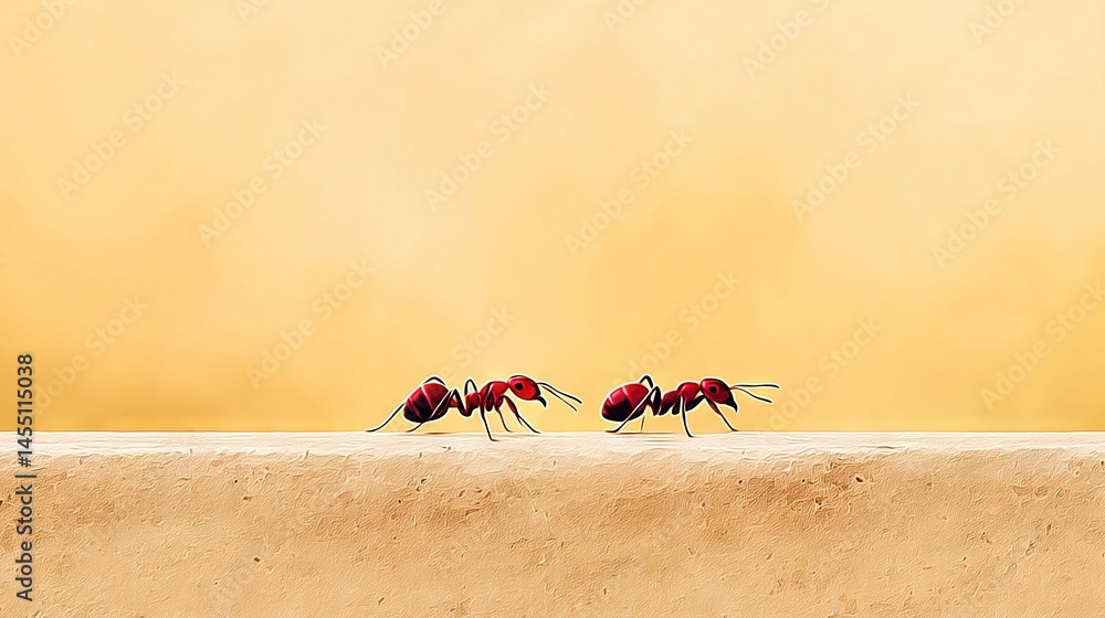 Poster a cluster of scarlet ants perched on a concrete slab in front of a double-yellow backdrop