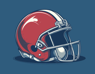 Fototapeta premium On a blue background, a flat design featuring an american football helmet and ball is presented, distinguished by simple shapes, clean lines, and a color scheme of black, white, and red with low