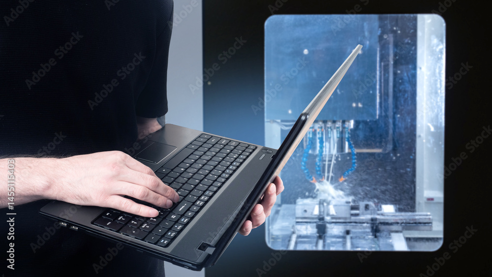Poster controlling cnc machine via laptop. programming of laser industrial equipment. cnc technology. man w