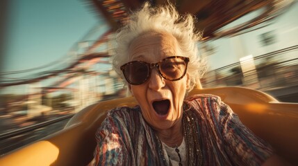 Elderly woman enjoying a thrilling roller coaster ride