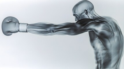 Obraz premium X-Ray of Boxer Throwing Punch: An X-ray image of a boxer throwing a punch, focusing on the muscles and bones in the arm and shoulder as they move. 