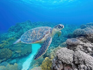 Sea Turtle Swimming Amidst Vibrant Coral Reef: Exploring Underwater Marine Life and Coastal Biodiversity