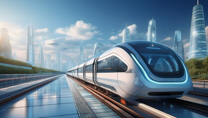 Fototapeta premium futuristic transit station platform automated train city view travel