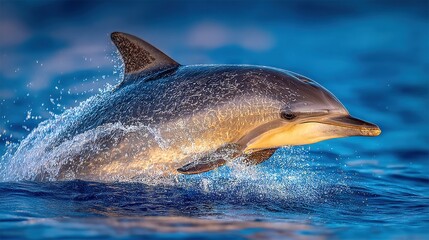 Fototapeta premium A dolphin jumps out of the water, mouth open, head above