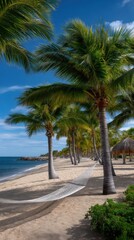 Relaxing hammock strung between palm trees along tropical sandy beach under blue sky and gentle ocean breeze in a vacation resort.