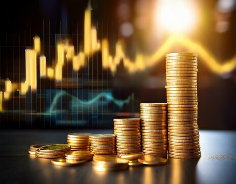 stacked gold coins with financial graphs symbolizing economic growth and wealth