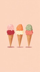 Delightful Triple Ice Cream Cones Vibrant Against Pastel Backdrop