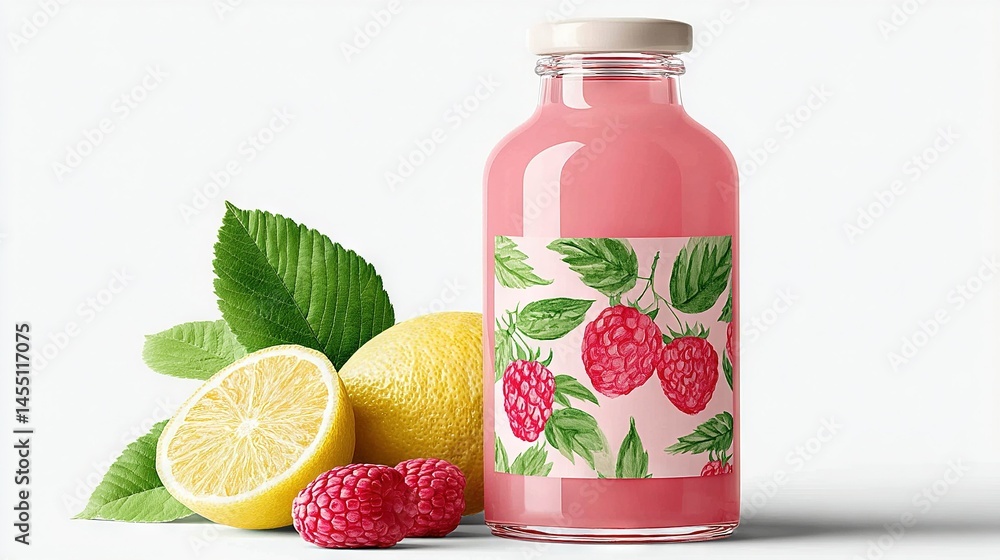 Poster a bottle of raspberry lemonade with raspberries and a lemon on a white background