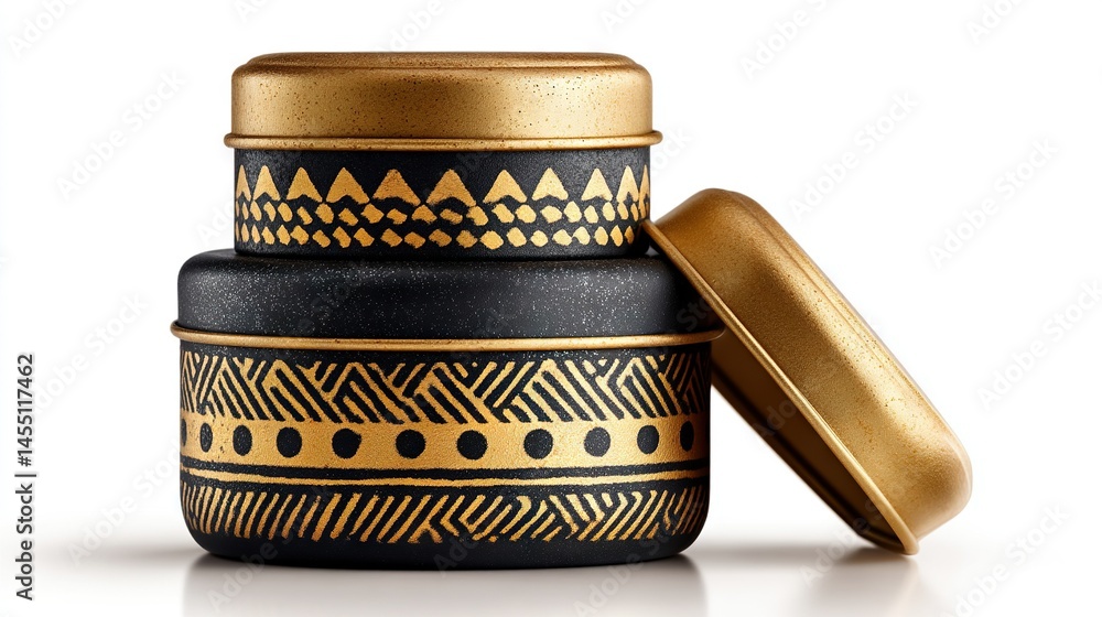 Poster a stack of black and gold containers with a gold lid on top of each container