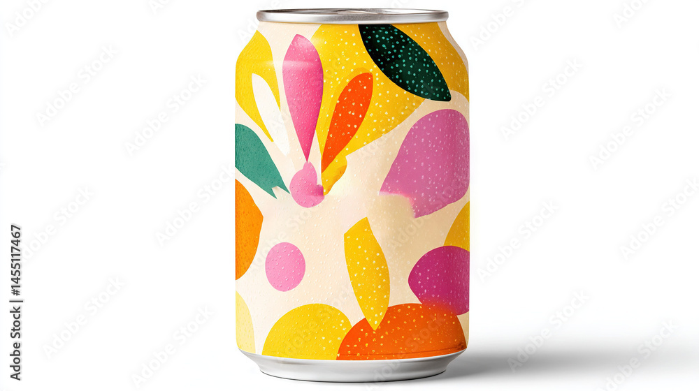 Poster can of bananas on a white background with a leafy and dotty pattern at the base