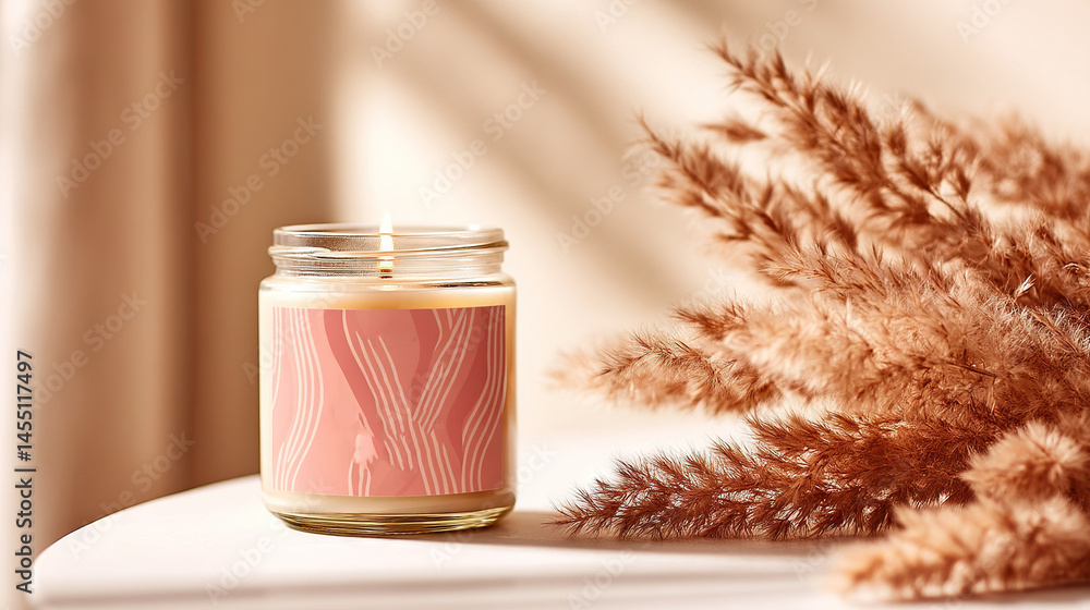 Poster a close-up of a candle on a table with a plant in the foreground and a window in the background
