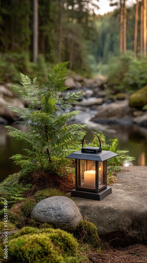 Poster modern lantern illuminating a fern beside a flowing stream in a tranquil forest setting, creating a 