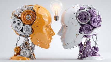Mechanical Minds in Dialogue Futuristic Robot Heads with Gears and Light Bulb Symbolizing Inno