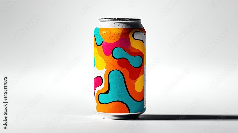 Poster a can of soda with colorful patterns on its side, and a dark shadow cast