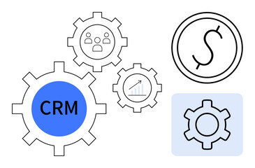 Interconnected gears labeled CRM, user, analytics, and dollar sign. Ideal for teamwork, system integration, revenue growth, data analysis, workflow automation simple landing page