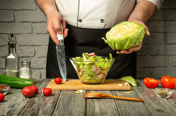 In a kitchen, a chef skillfully chops cabbage and radishes while preparing a fresh salad. Fresh tomatoes and cucumbers surround the cutting board, enhancing the vibrant display